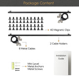 CORDONE Metal Hanging Picture Display Photo Holder with 4 Metal Cable Strings and 20 Magnetic Clips, Set of 2, Black