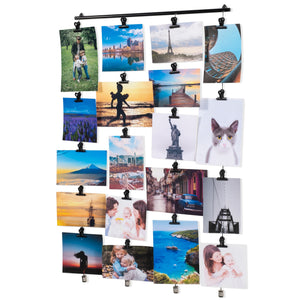 CORDONE Metal Hanging Picture Display Photo Holder with 4 Metal Cable Strings and 20 Magnetic Clips, Black