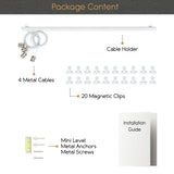 CORDONE Metal Hanging Picture Display Photo Holder with 4 Metal Cable Strings and 20 Magnetic Clips, White