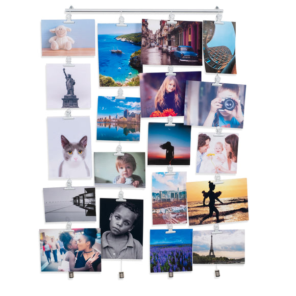 CORDONE Metal Hanging Picture Display Photo Holder with 4 Metal Cable Strings and 20 Magnetic Clips, White